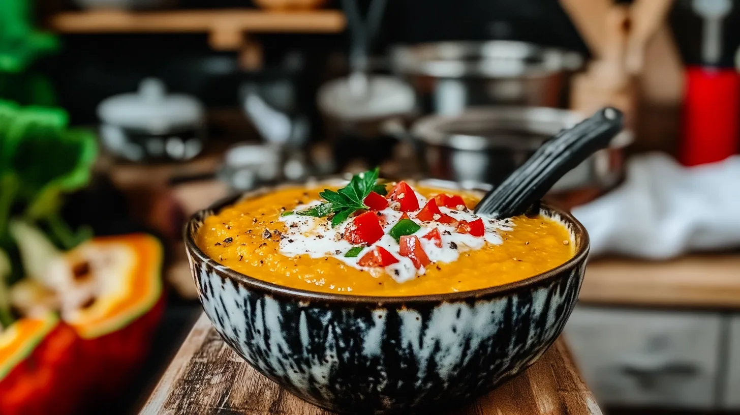 roasted kabocha squash soup served in a warm ceramic bowl with fall kitchen background